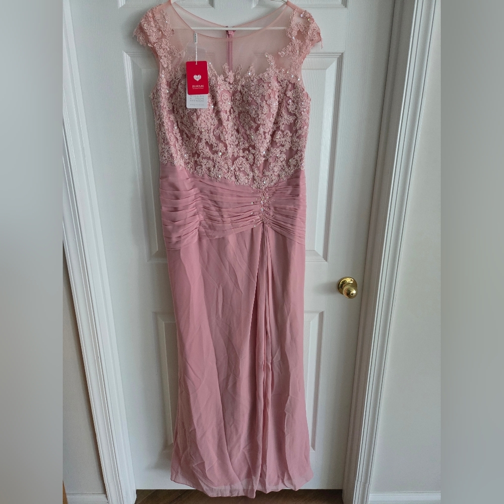 JJs House Blush Dusty Pink Lace Appliqué Cap Sleeve Maxi Gown